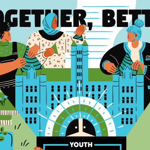 Youth Coordinating Board Web Banner featuring an illustration of people putting together a building