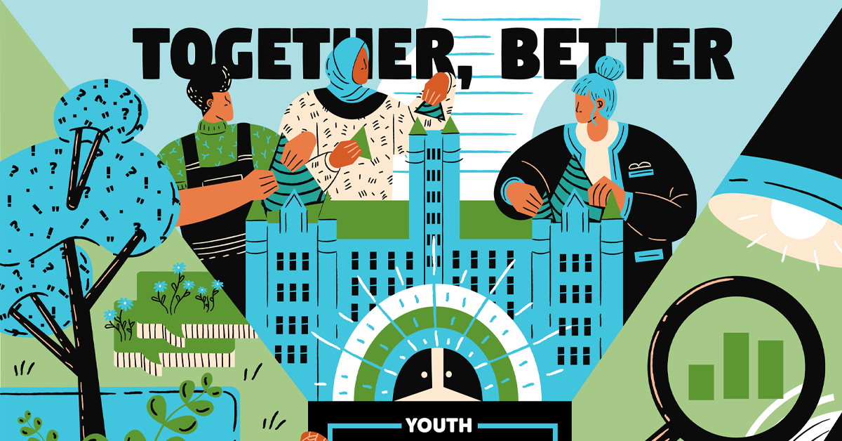 Youth Coordinating Board Web Banner featuring an illustration of people putting together a building