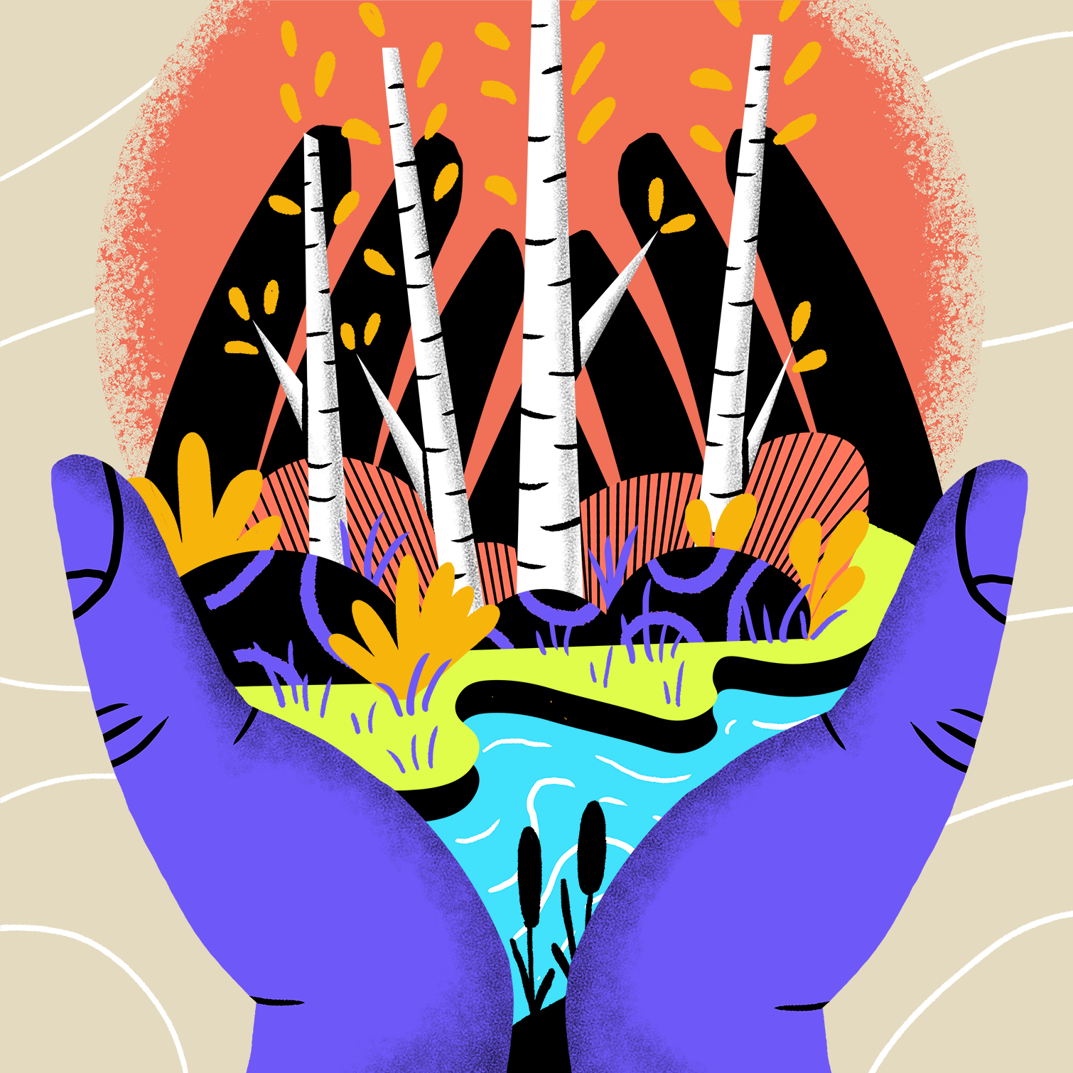 Illustrated hands holding a landscape