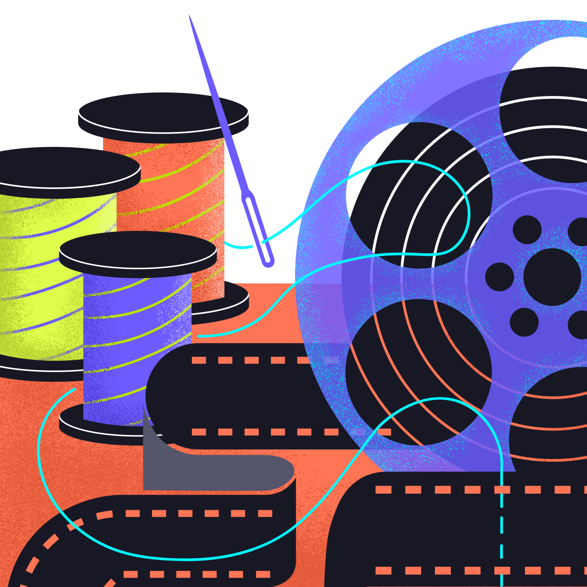 A film reel and spools of thread, illustrated